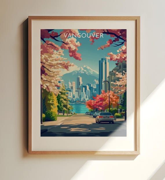 Vancouver Canada Travel Art Wall Scenic Cityscape With Mountains And Cherry Blossoms