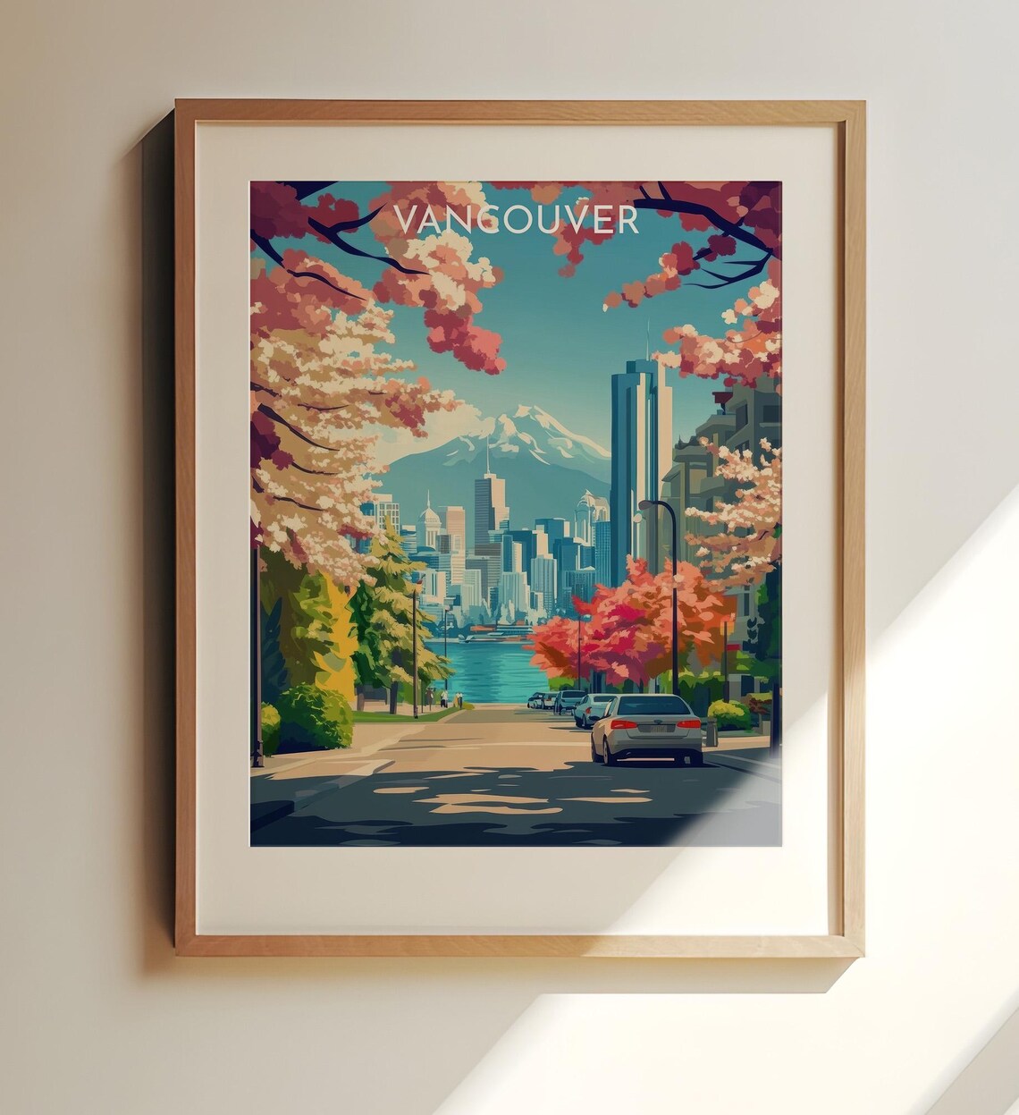 Vancouver Cherry Blossom Street Skyline Vintage Travel Poster Art