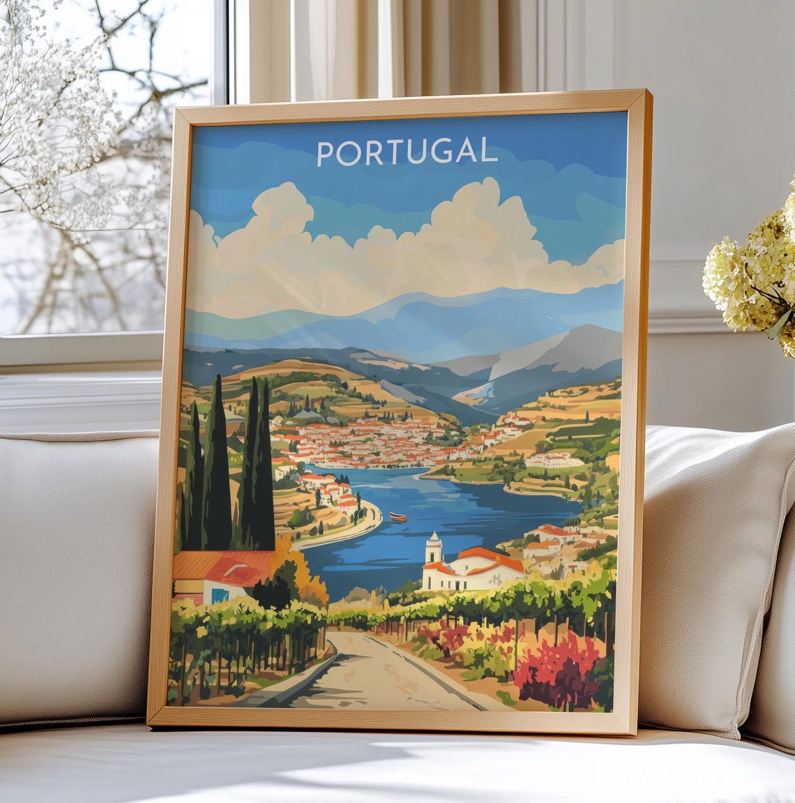 Portugal Douro River Vineyard Hillside Town Summer Travel Poster