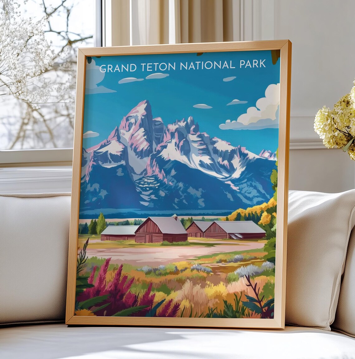 Grand Teton National Park Rustic Barns Wildflower Meadow Travel Poster