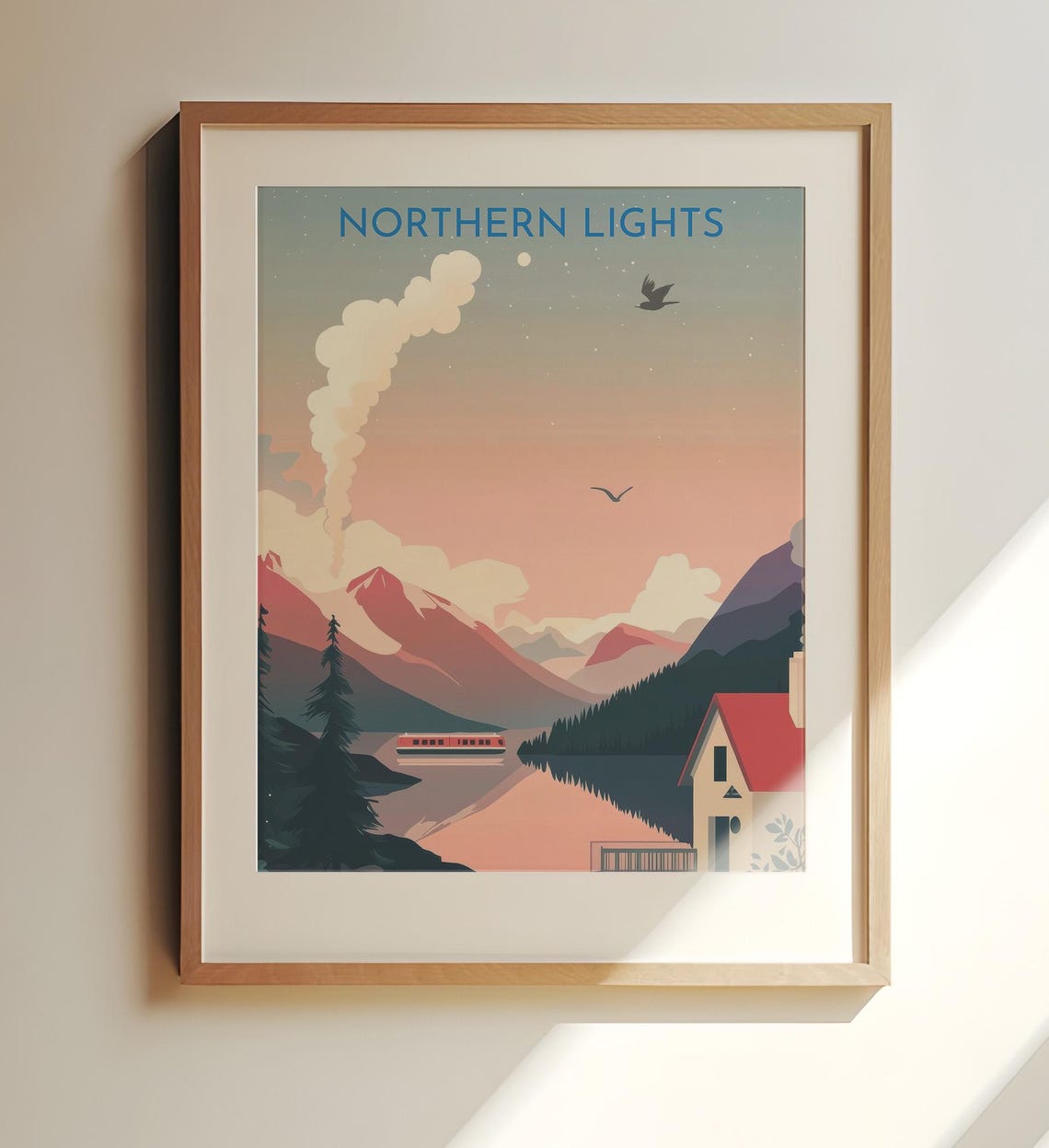 Northern Lights Cabin Serene On Lake Mountain Pastel Travel Poster