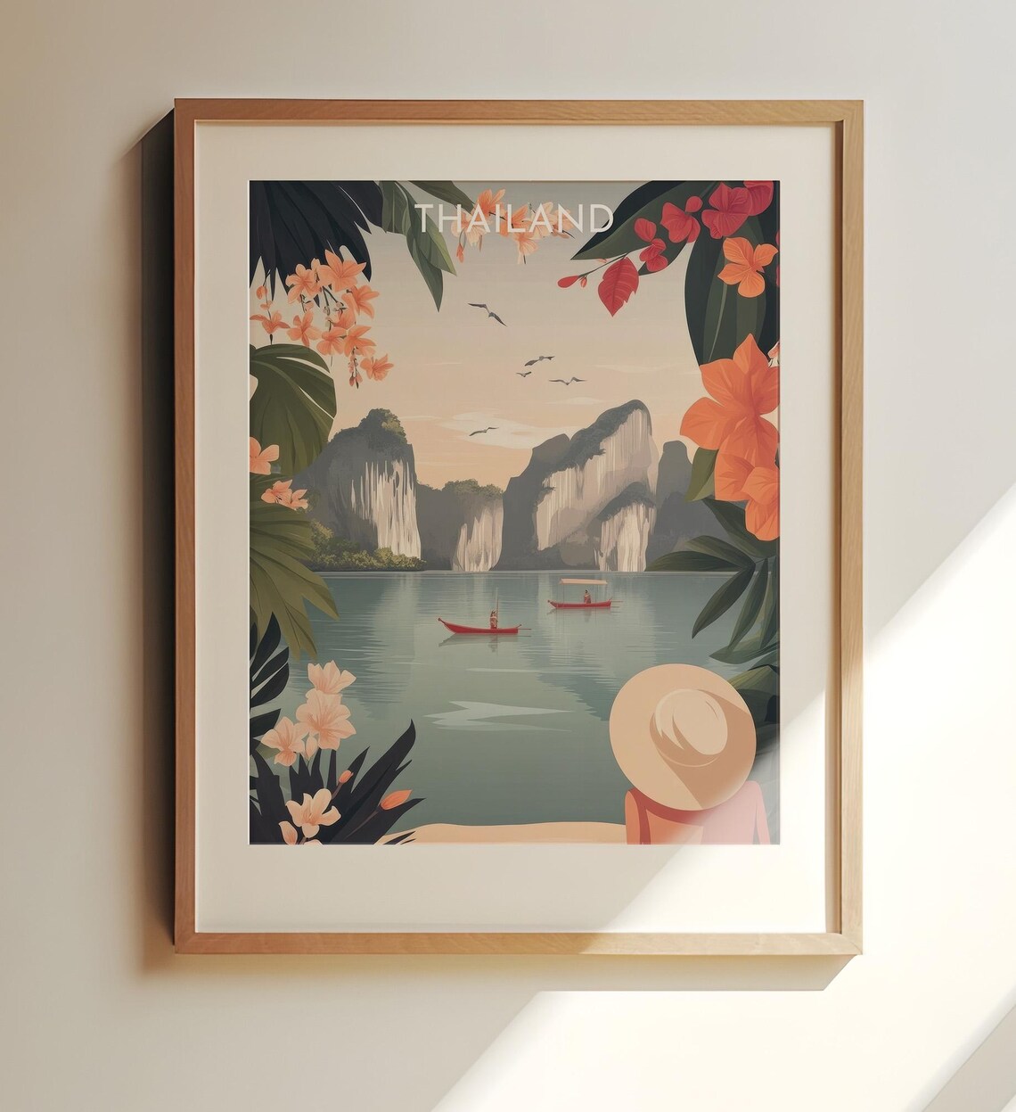 Thailand Limestone Cliffs Lagoon Red Boats Vintage Travel Poster