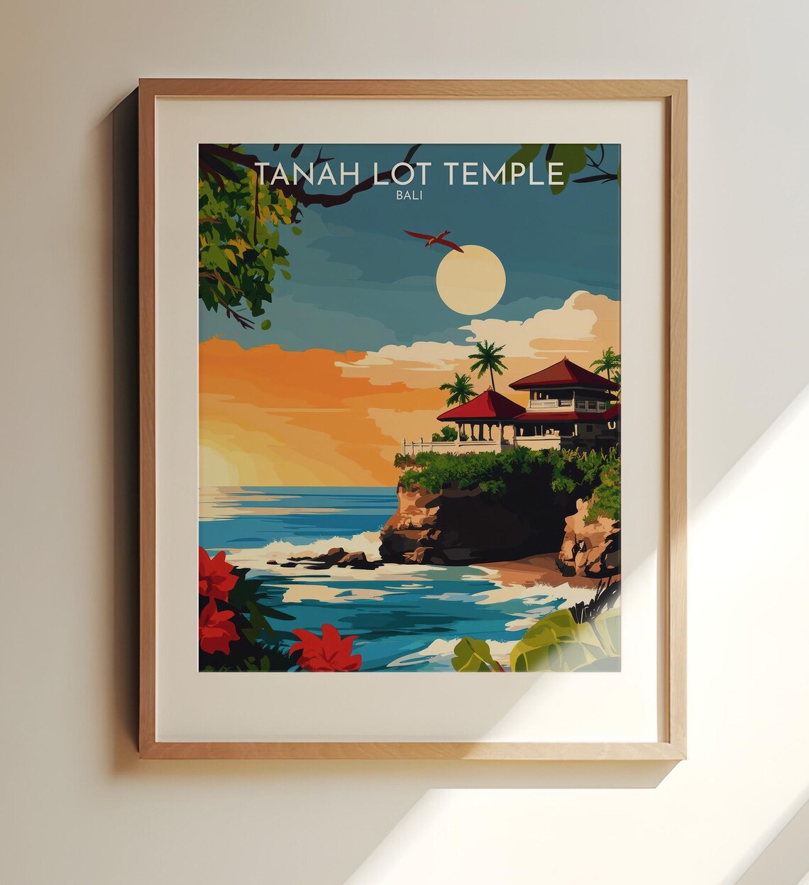 Tanah Lot Temple Bali Sunset Cliff Ocean Vintage Travel Poster