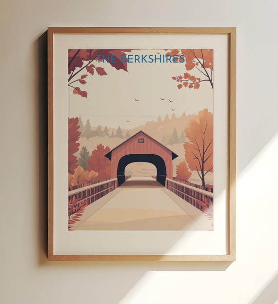 The Berkshires Usa Travel Print Art Autumn Covered Bridge In New England