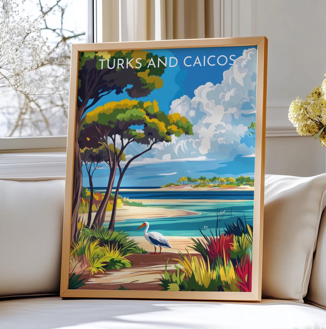 Turks and Caicos Tropical Beach Pelican Vintage Travel Poster