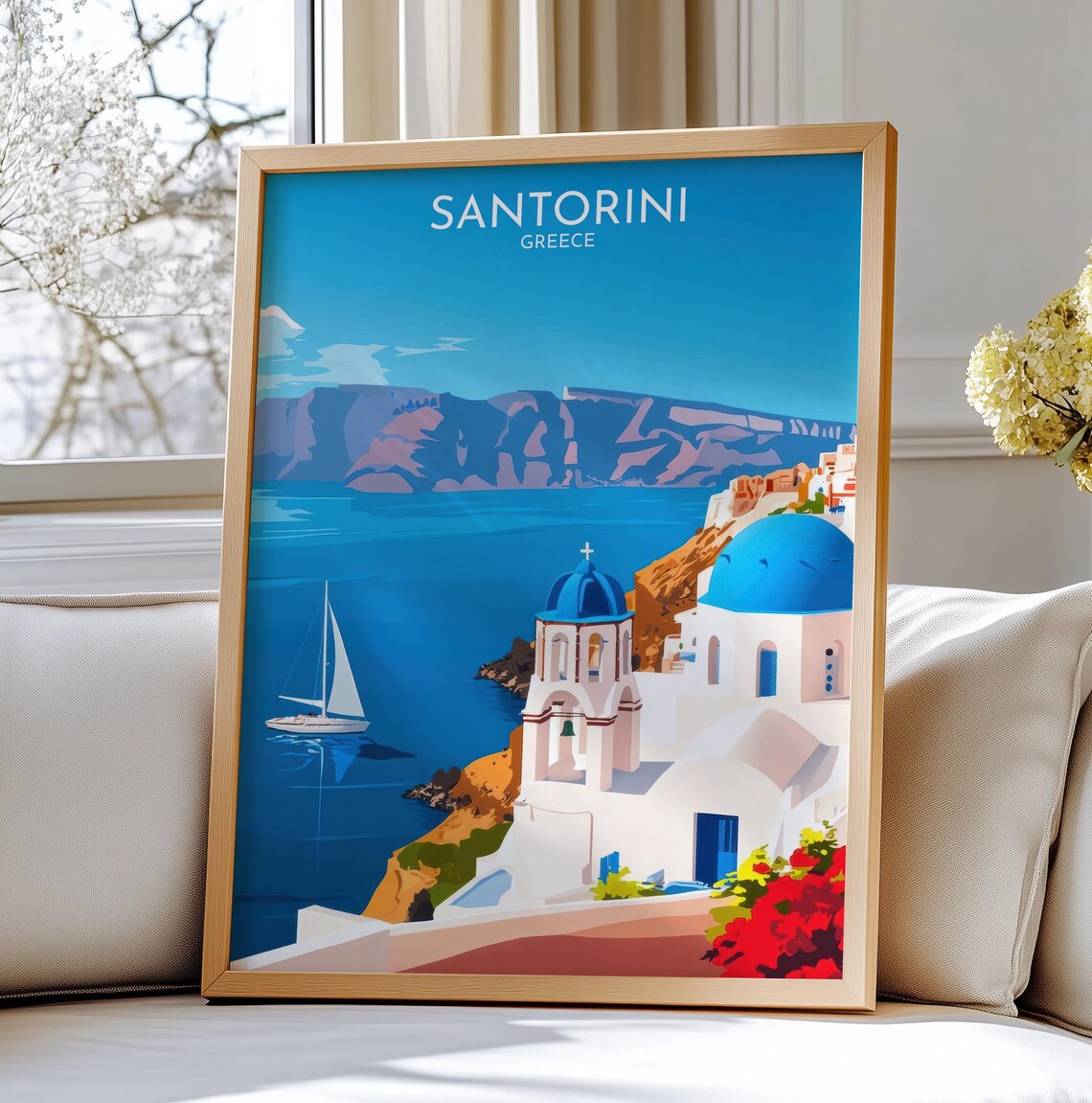 Santorini Greece Travel Poster Blue Domes Bell Tower Caldera Sailboat