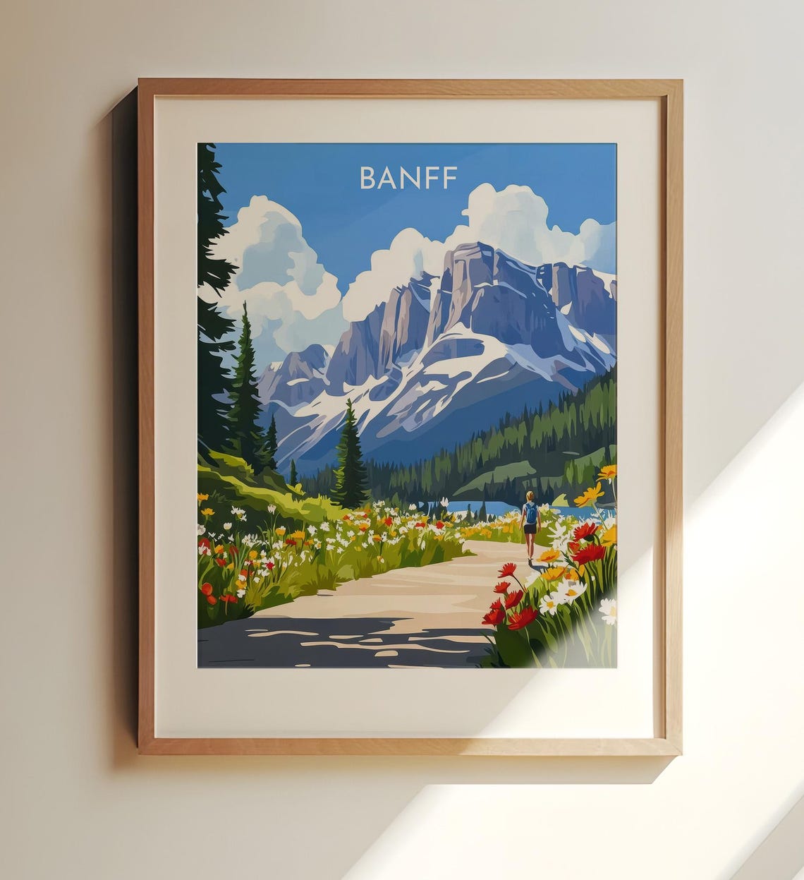 Banff Wildflower Trail Hiker Rocky Mountain Vintage Travel Poster