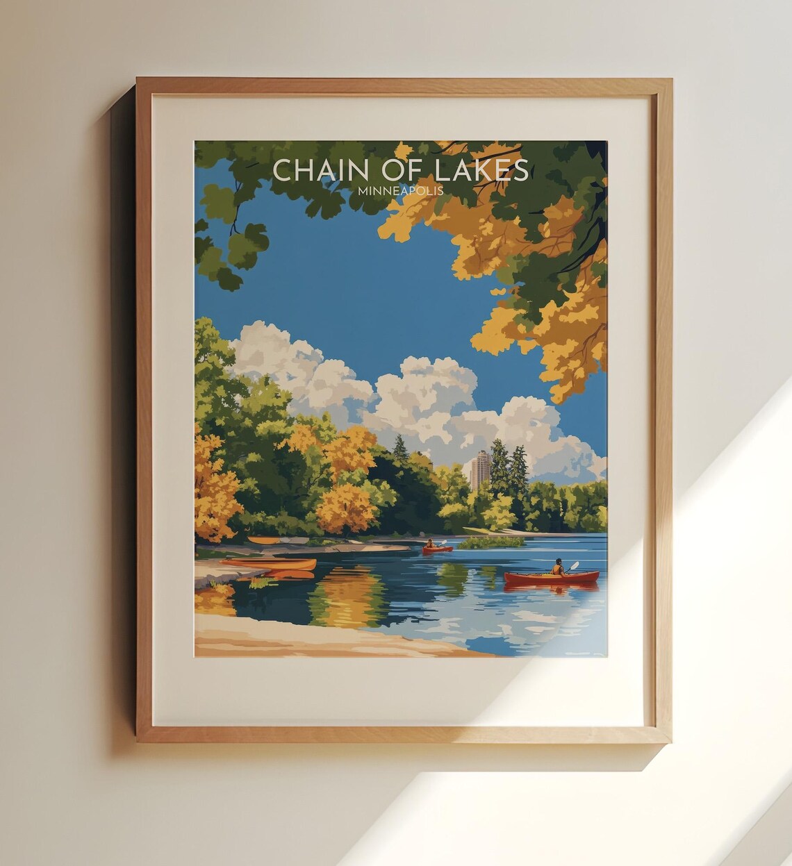 Chain Of Lakes Minneapolis Autumn Kayaking Vintage Travel Poster