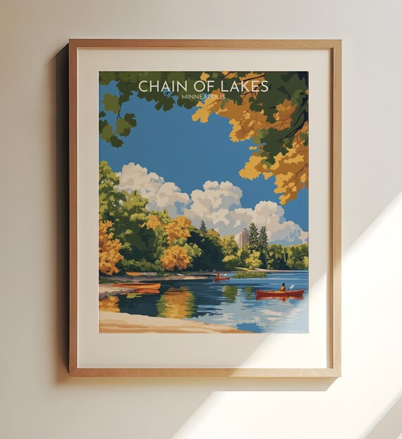Chain Of Lakes Minneapolis Autumn Kayaking Vintage Travel Poster