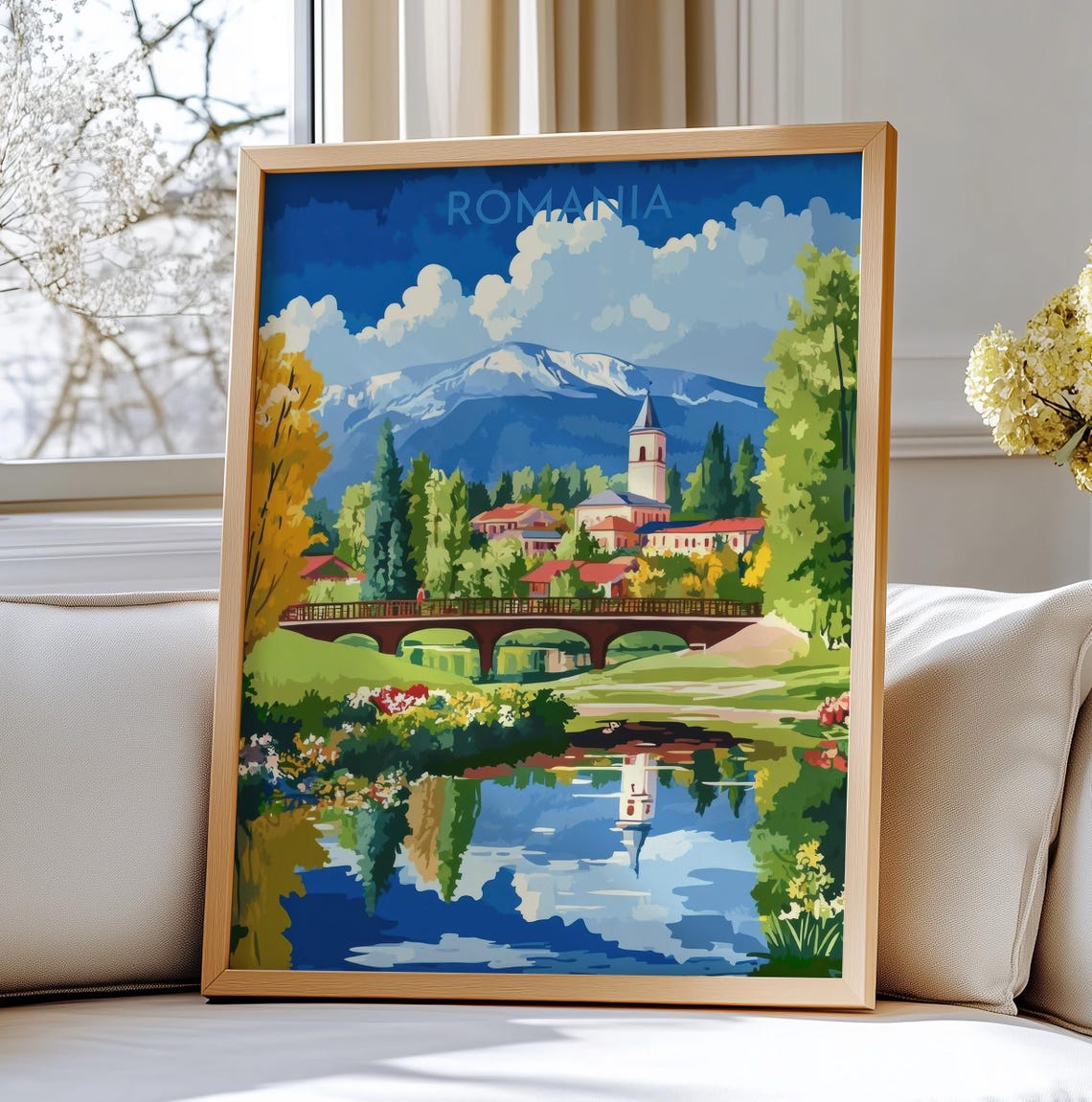 Romania Mountain Village Travel Poster Church Bridge River Art