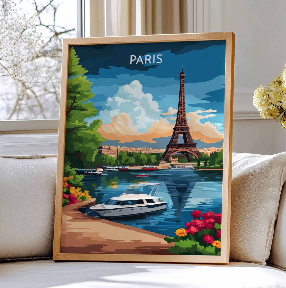 Paris France Eiffel Tower Seine River Boat Retro Travel Poster