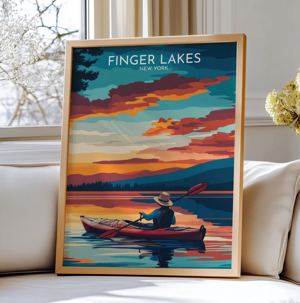 Finger Lakes New York Kayaker Sunset Paddle Vintage Travel Poster