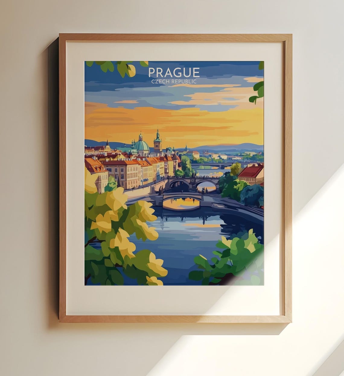 Prague Czech Republic Charles Bridge Sunset River Travel Poster