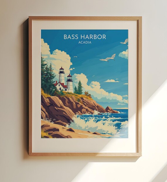 Bass Harbor Lighthouse Acadia Rocky Coast Seagulls Travel Poster