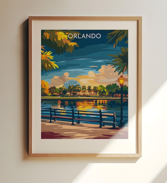 Orlando Florida Epcot Sunset Dome Lakeside Retro Travel Poster
