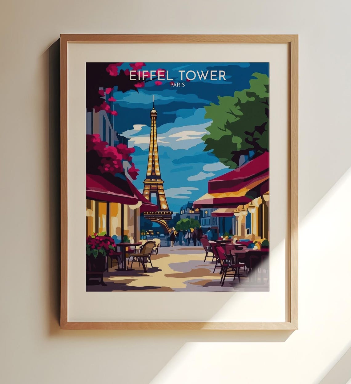 Eiffel Tower Paris Evening Cafe Street Illuminated Travel Poster