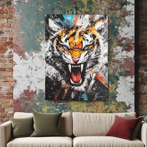 Roaring Tiger Wall Art Bold Jungle Canvas Print Abstract Painting For Living Room Modern Fierce Animal Decor Urban Style