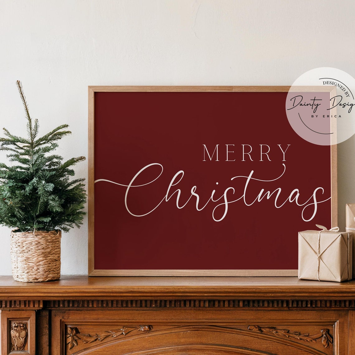 Merry Christmas Modern Script Burgundy Red Holiday Poster Gift