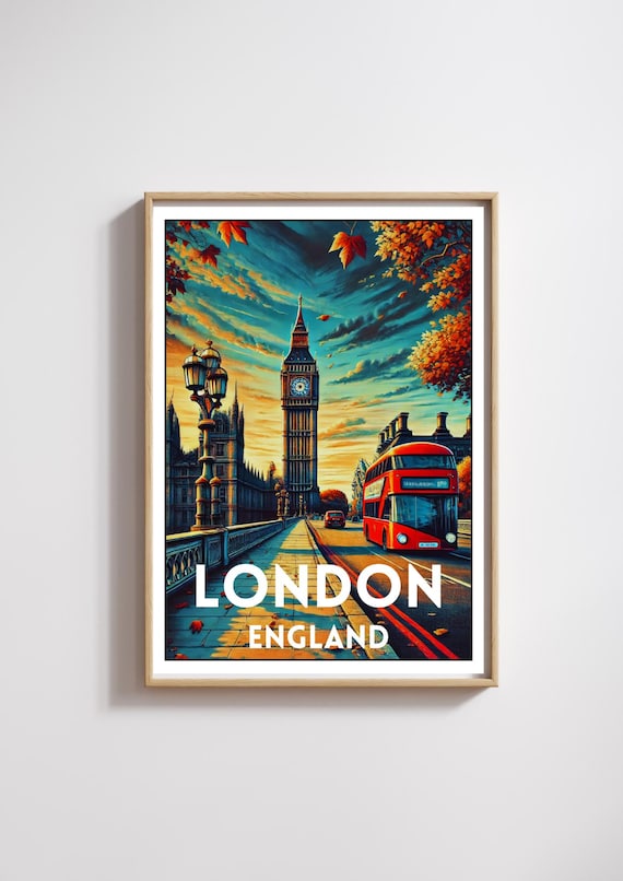 London England Big Ben Red Double Decker Bus Autumn Vintage Poster