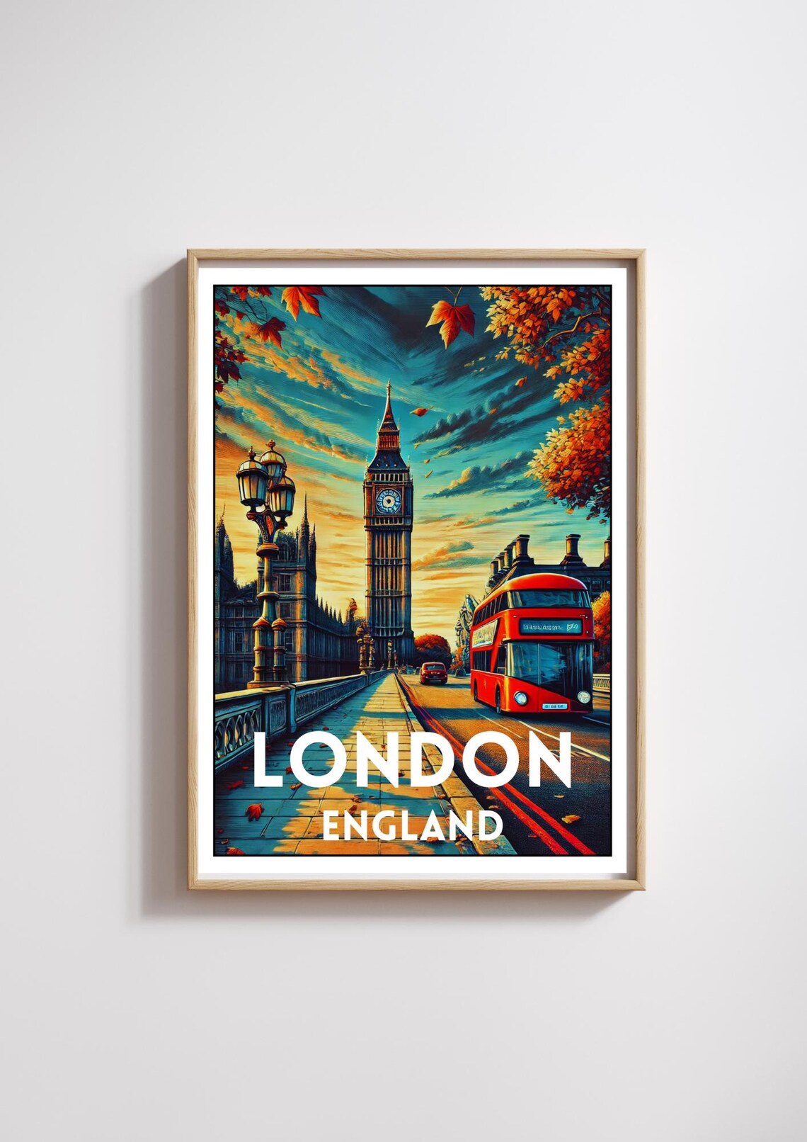 London England Big Ben Red Double Decker Bus Autumn Vintage Poster