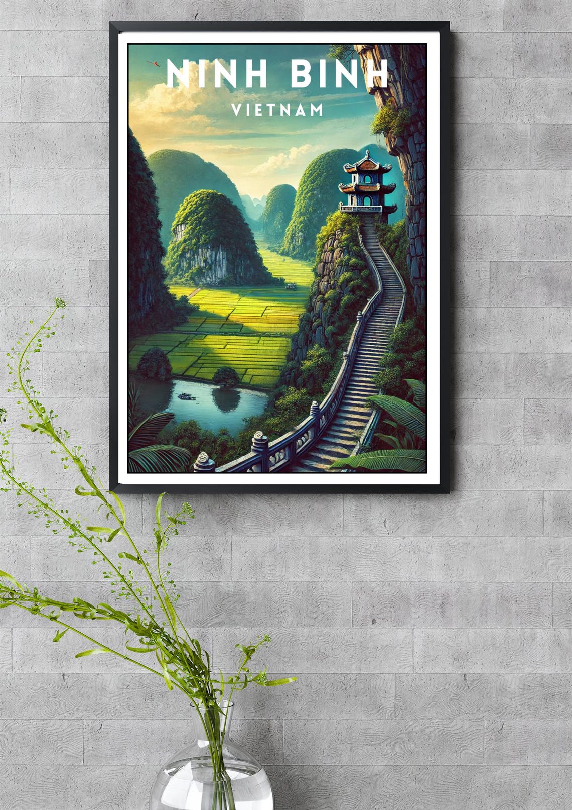Ninh Binh Vietnam Karst Peaks Rice Paddies Pagoda Vintage Poster - Image 3