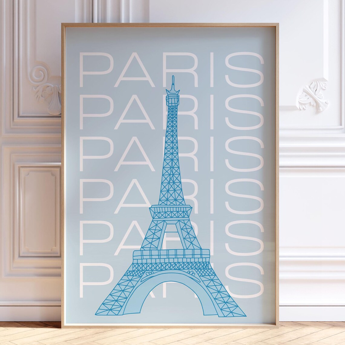 Paris France Eiffel Tower Line Art Typography Blue Travel Poster