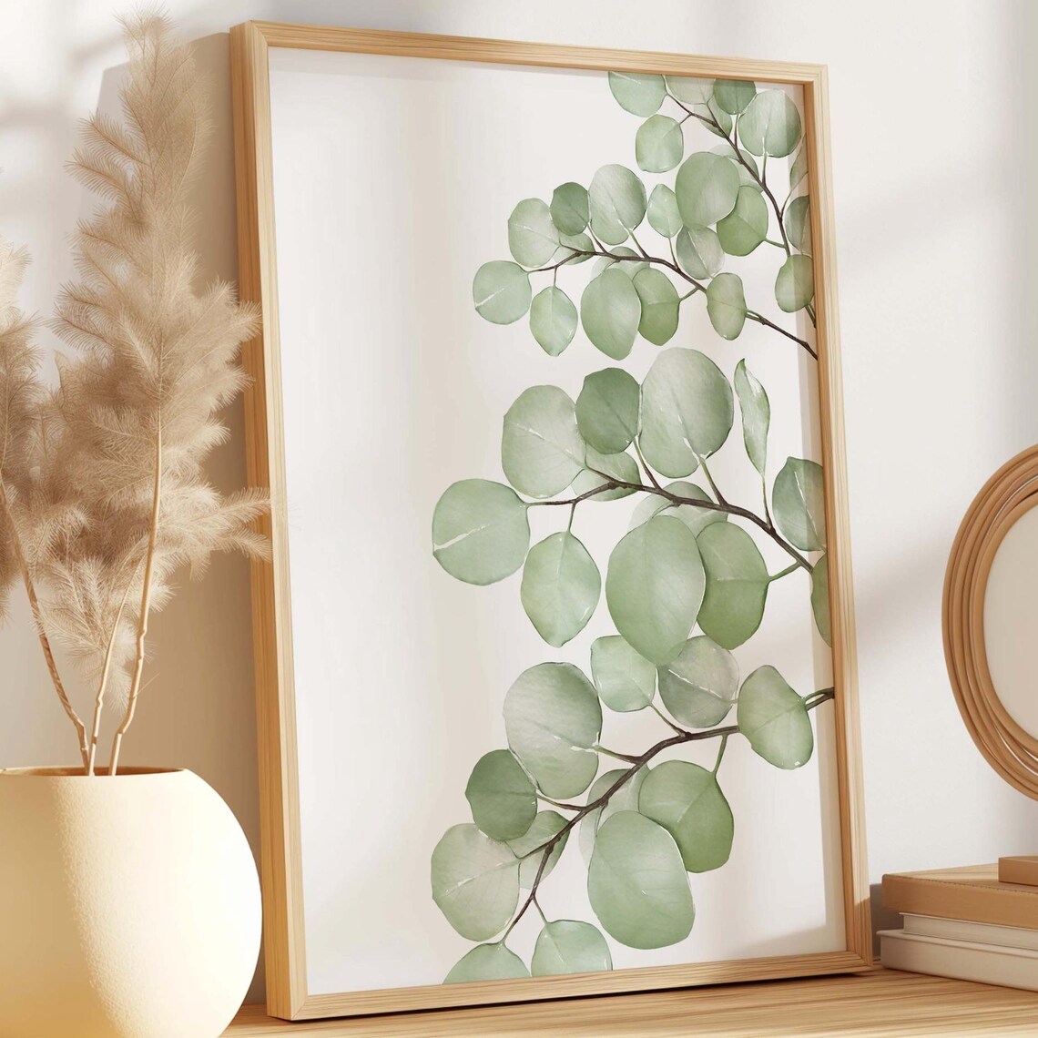 Sage Green Eucalyptus Leaf Branch Watercolor Botanical Wall Art