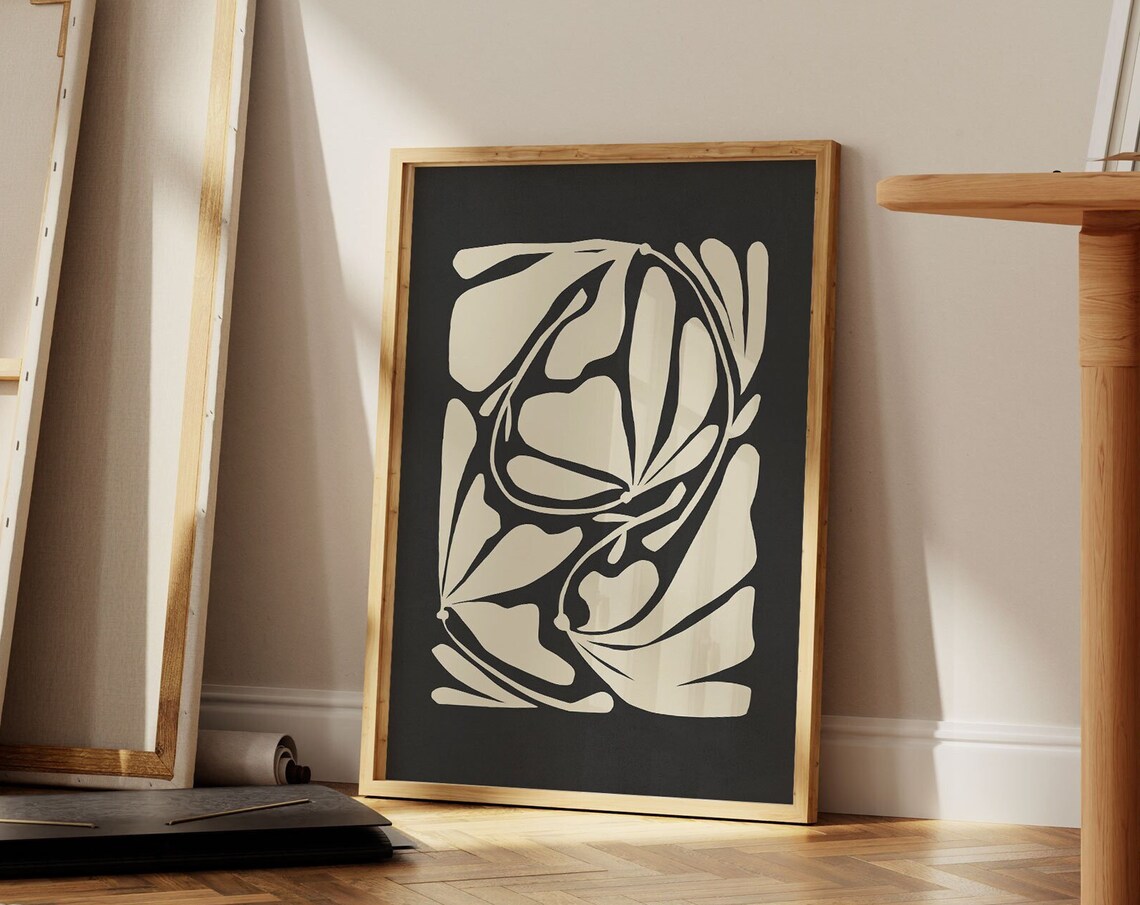Abstract Botanical Leaf Shapes Black Cream Mid Century Modern Poster