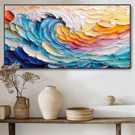 Rainbow Sunset Ocean Wave Multicolor Textured Palette Knife Abstract Art Poster
