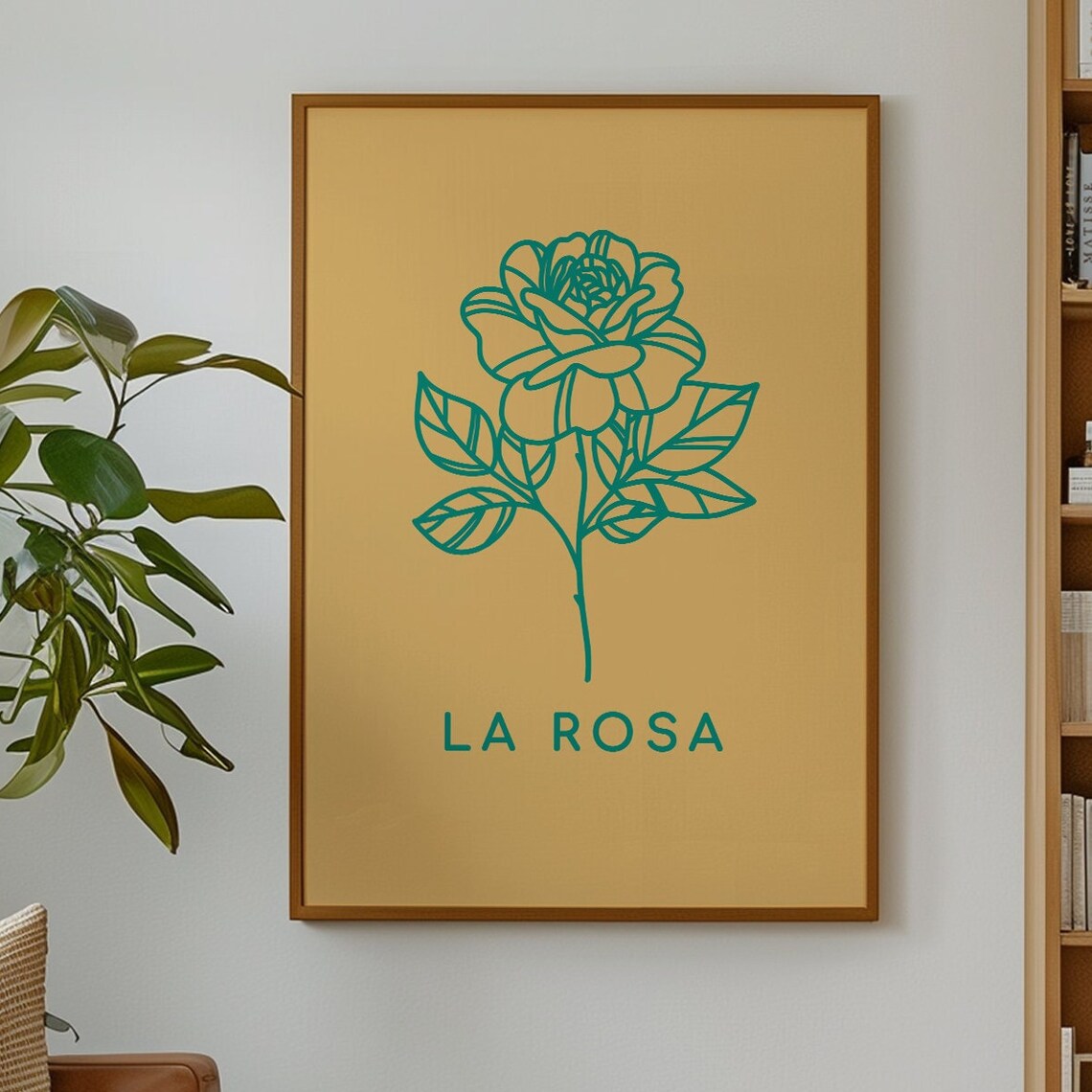 La Rosa Mexican Loteria Rose Line Art Teal Floral Wall Poster