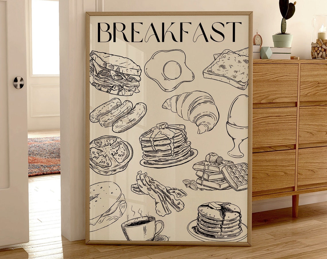 Sketch Style Breakfast Foods Illustrated Kitchen Decor Poster