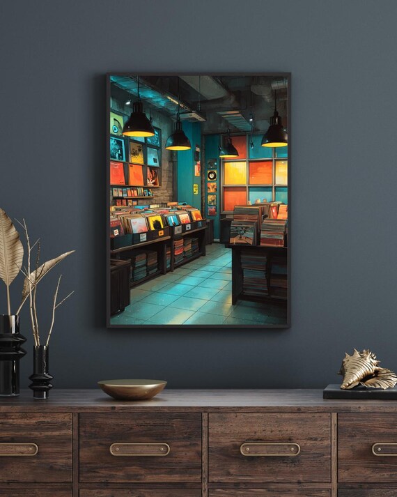 Retro Vinyl Record Store Interior Warm Glow Music Shop Nostalgia Poster