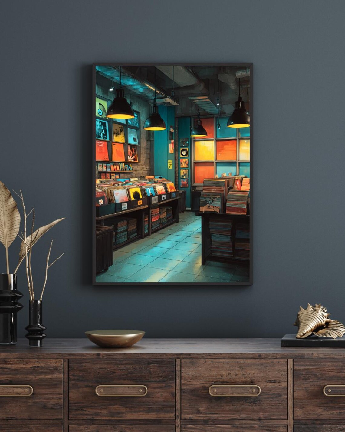 Retro Vinyl Record Store Interior Warm Glow Music Shop Nostalgia Poster