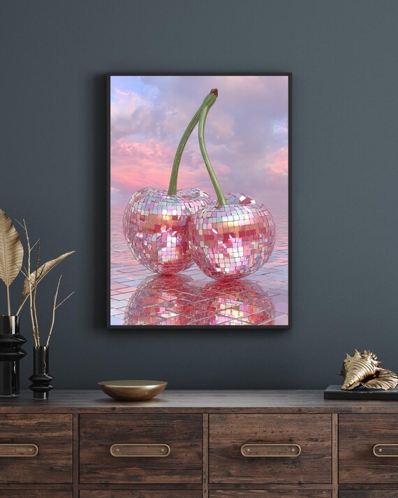 Pink Disco Cherries Retro Y2K Glam Mirror Ball Sunset Poster
