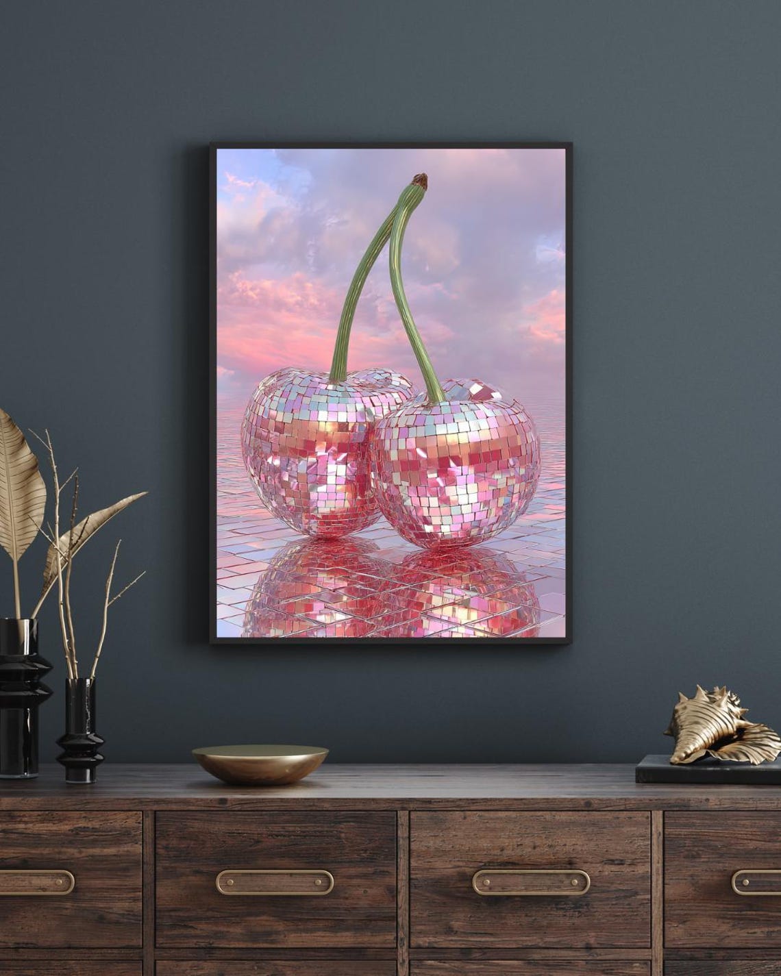 Pink Disco Cherries Retro Y2K Glam Mirror Ball Sunset Poster