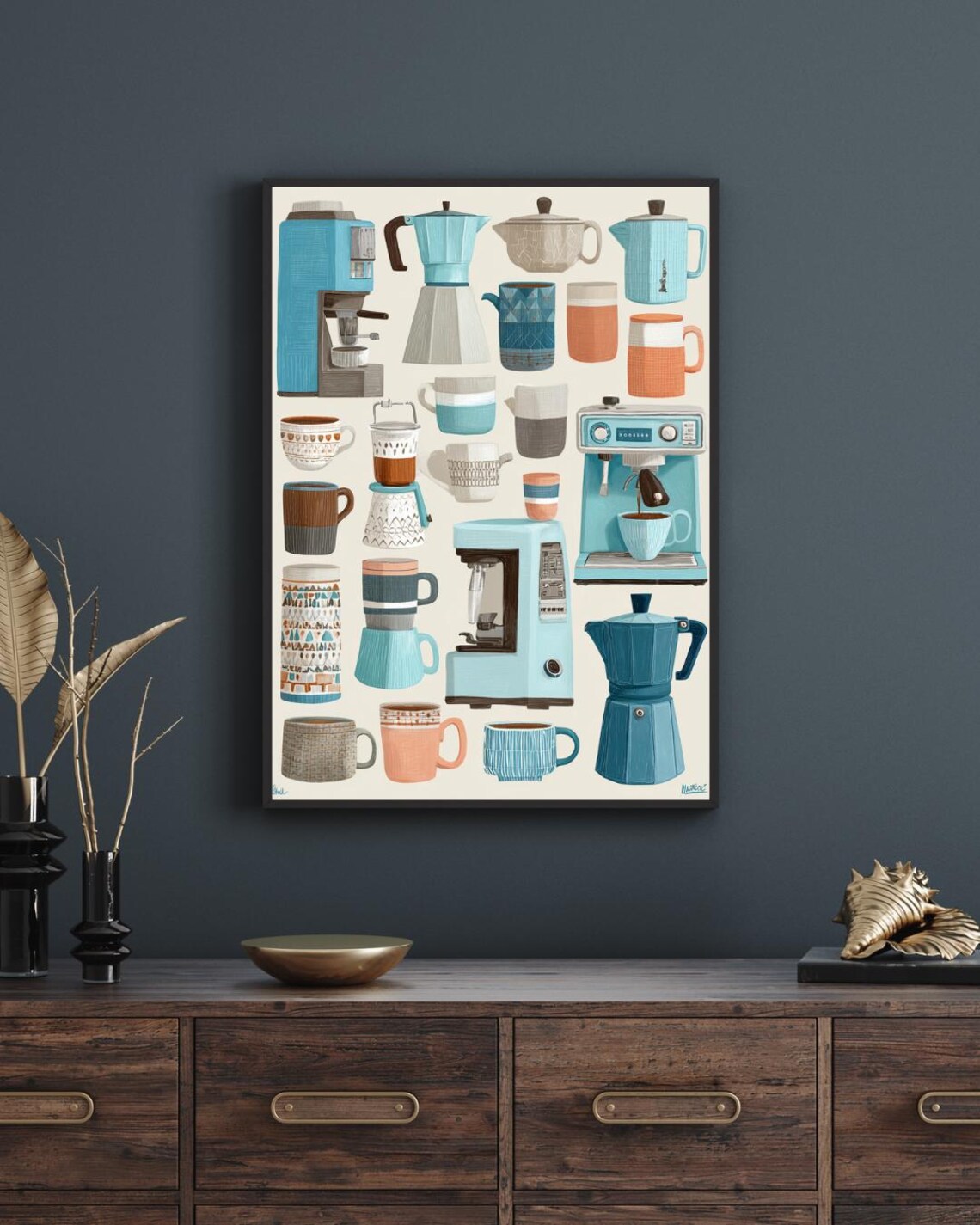 Retro Coffee Cups and Makers Collection Blue Orange Kitchen Cafe Poster