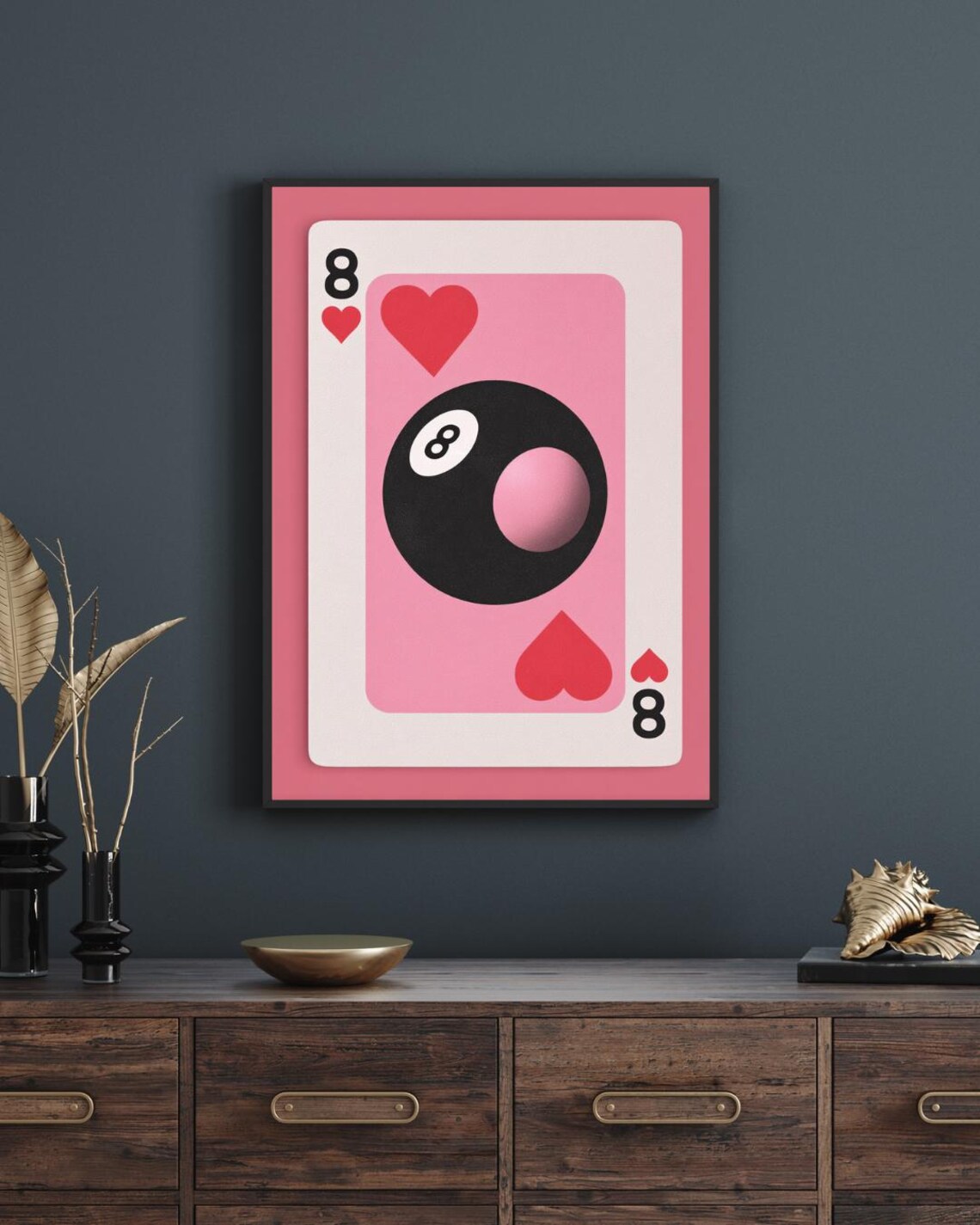 Pink Eight of Hearts Playing Card 8 Ball Trendy Y2K Funky Art Poster