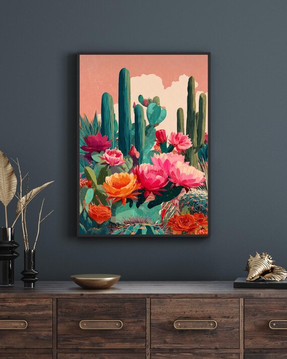 Blooming Desert Cactus Saguaro Flowers Colorful Mexican Wall Art