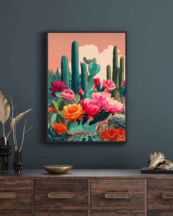 Vintage Mexican Cactus Art Print Colourful Latin Decor