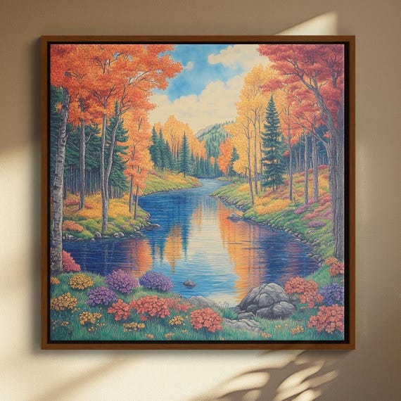 River Through Autumn Forest Illustration Vibrant Fall Landscape In Colored Pencil Framed Nature Scene For Cozy Seasonal Wall Display