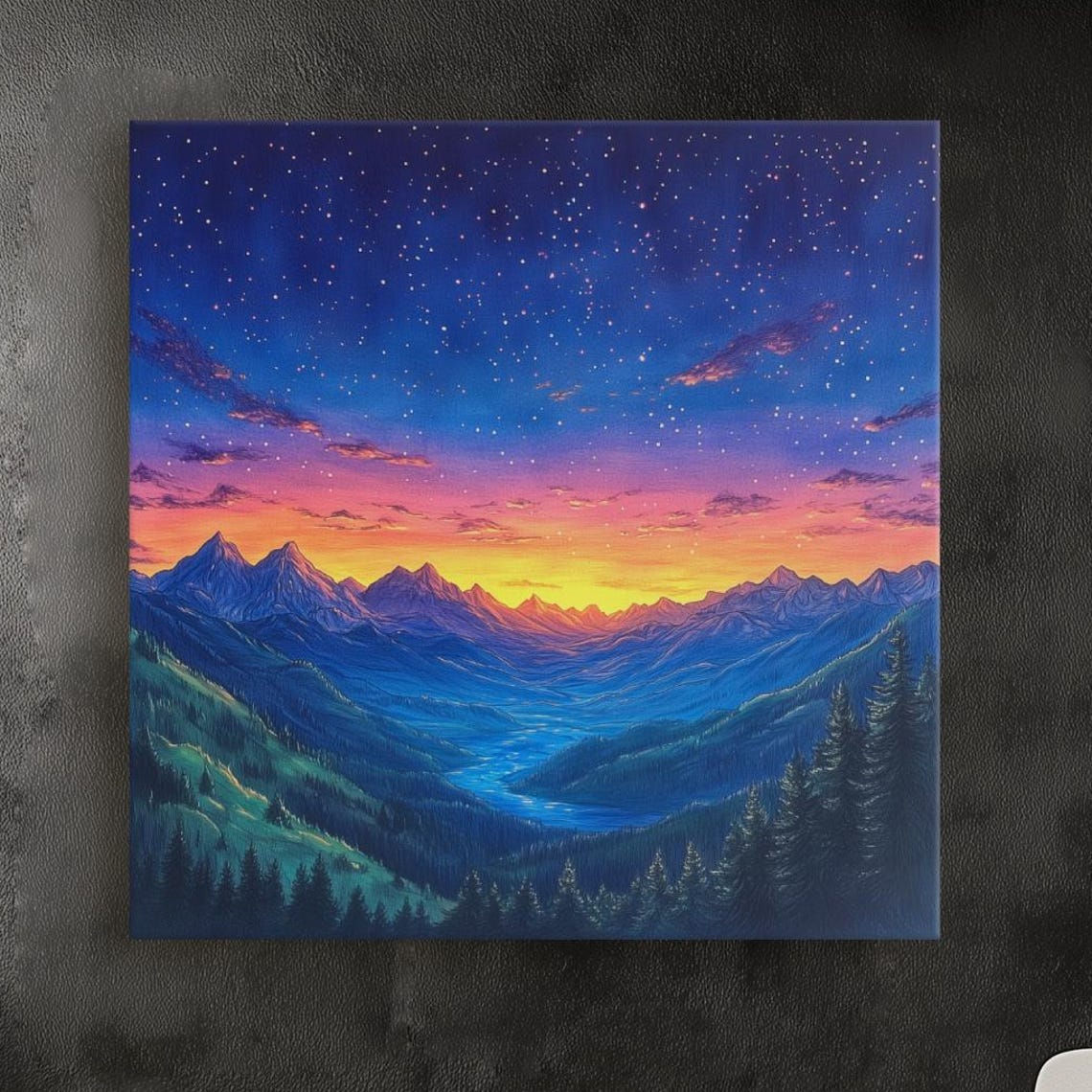 Starlight Night Sky Colored Pencil Print Beautiful Canvas Deep Blue Celestial Scene With Mountain Silhouettes Sparkling Twilight Stars