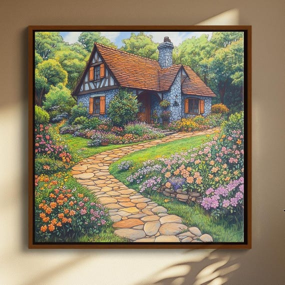 Spring Cottage Garden Illustration Whimsical Colored Pencil With Blooming Florals Soft Pastel Details Small Square Artwork For Bedroom