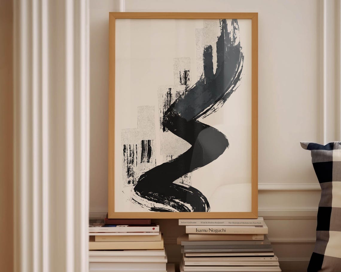 Japanese Style Black Ink Brushstroke Abstract Zen Cream Canvas Poster