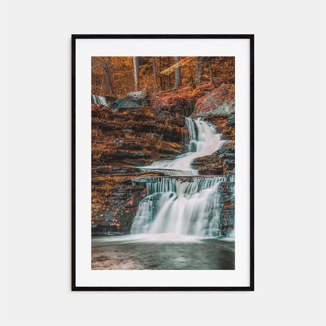 Cascading Autumn Forest Waterfall Golden Foliage Long Exposure Print