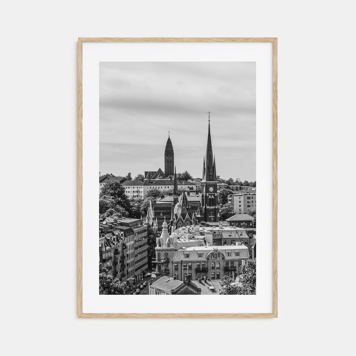 Church Spires Historic Old Town Rooftops Black White Skyline Poster