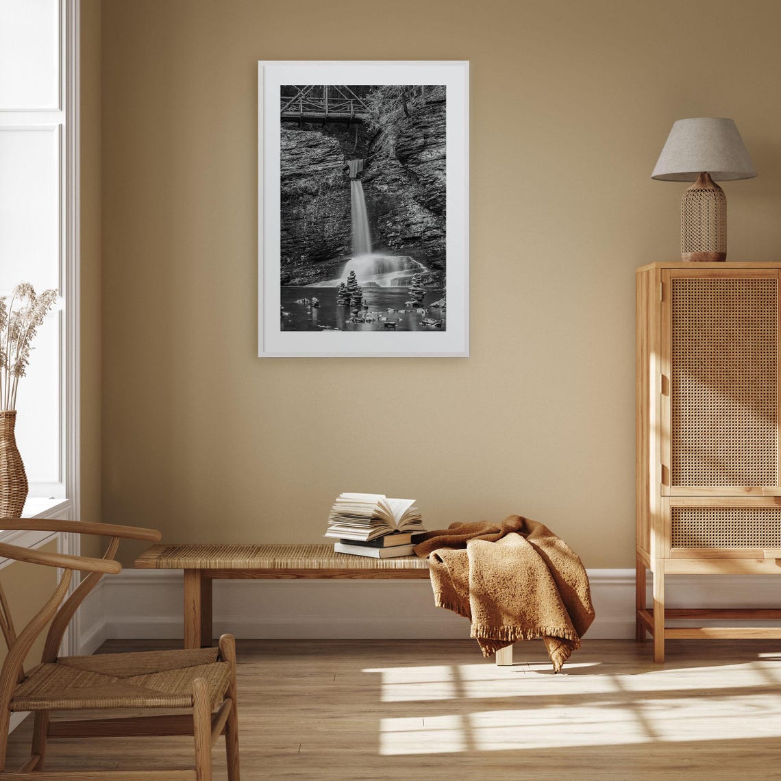 Pocono Mountains Waterfall Falls Footbridge Black and White Poster - Image 3