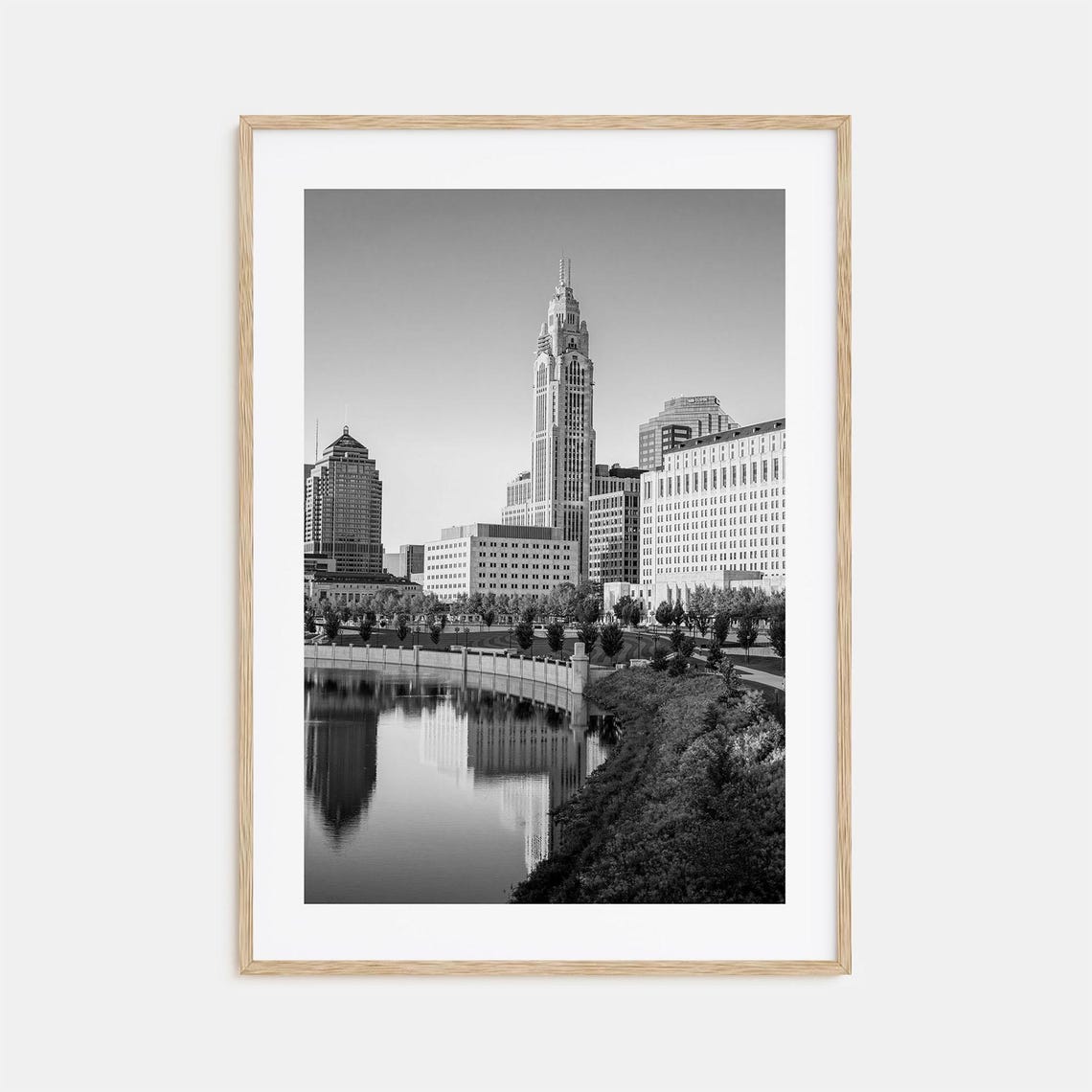 Elegant Art Deco Tower River Skyline Black and White City Poster