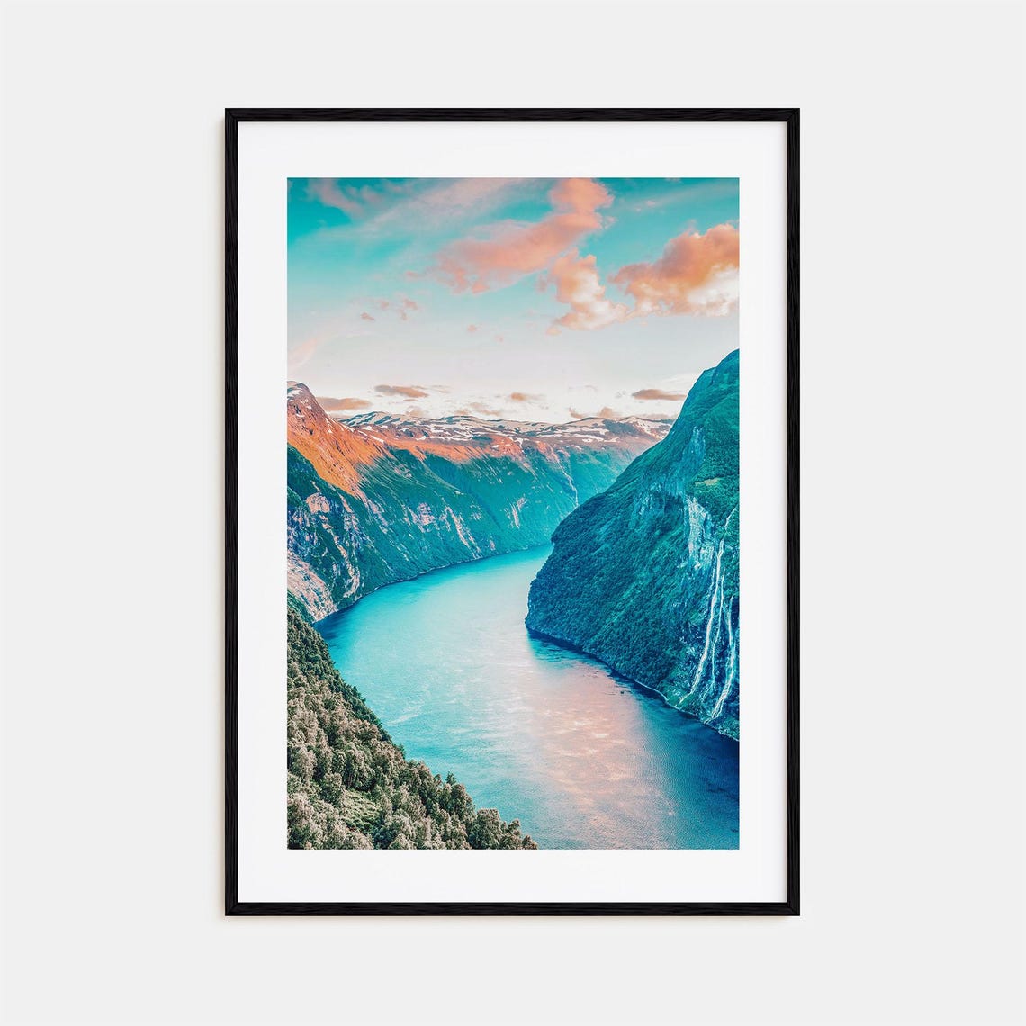 Norway Fjord Sunset With Waterfall and Steep Green Cliffs Poster