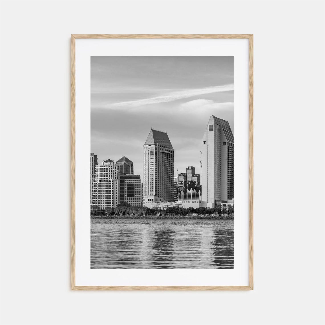 San Diego California Skyline Waterfront Bay Black and White Poster