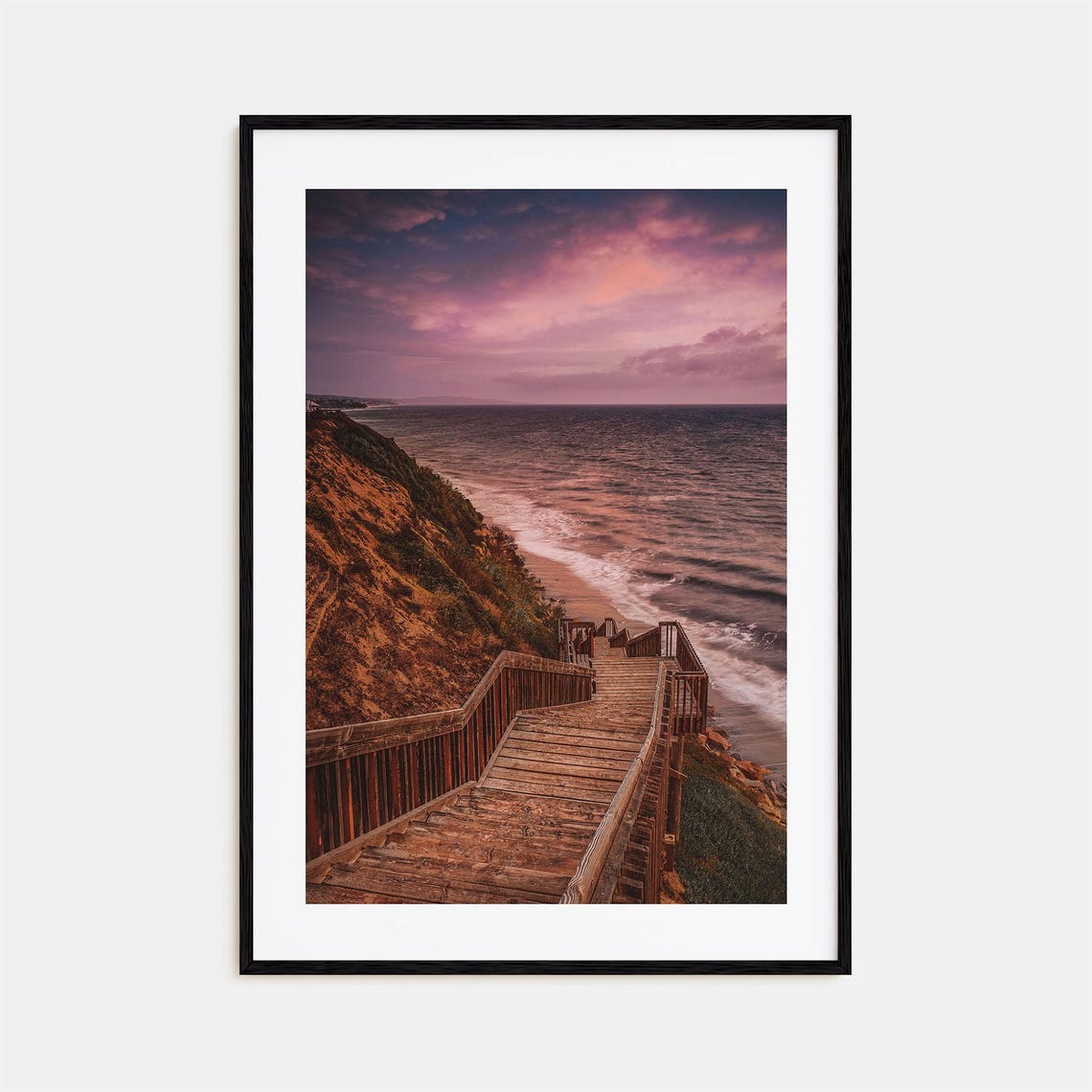 Encinitas Wooden Stairs Down the Cliff to the Beach Sunset Poster